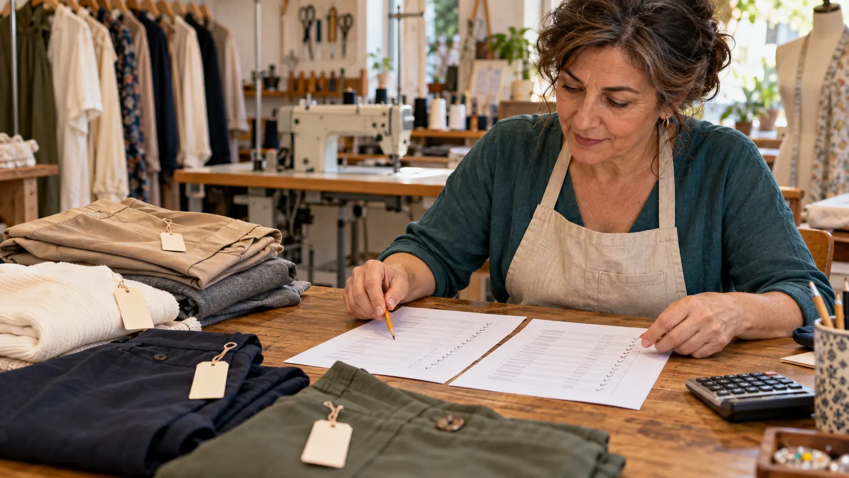 Una profesional de un taller de arreglos compara dos registros de trabajos junto a prendas terminadas y una calculadora.