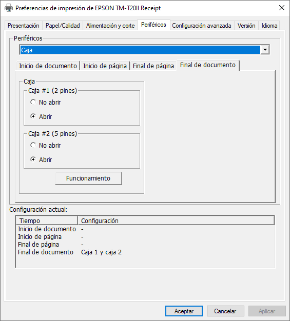 Preferencias de impresión de EPSON TM-T20II Receipt